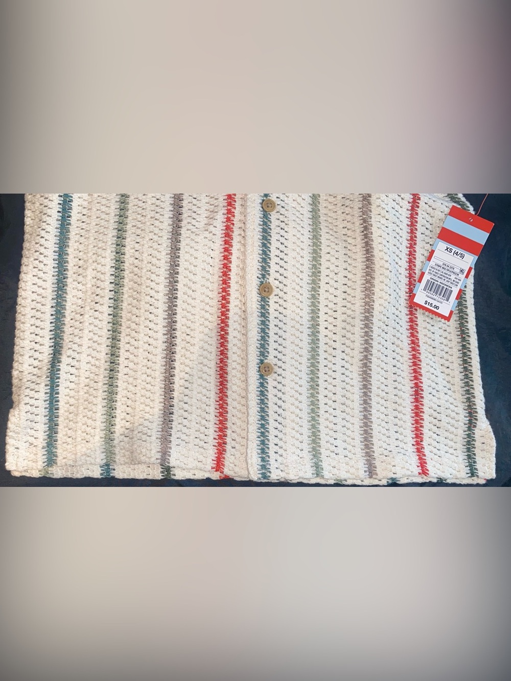 Cat & Jack Cream Knit Short-Sleeve Button-Up with Red and Green Stripes - Picture 5 of 6